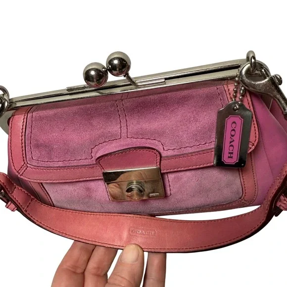 Vintage Rare Coach 9734 Pink Suede Kisslock Baguette Bag Silver Hardware Y2K